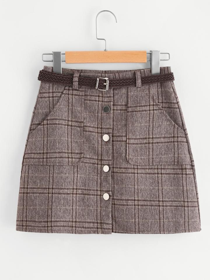 Romwe Single Breasted Checked Skirt With Belt