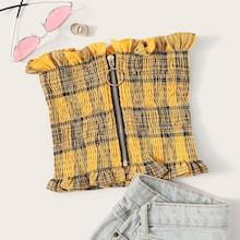 Romwe Ruffle Trim Zip Through Plaid Print Bandeau Top