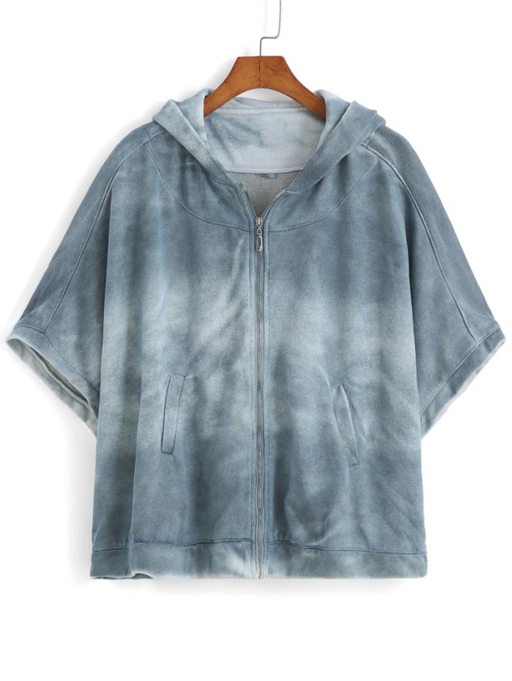 Romwe Hooded With Zipper Tie-dye Blue Coat
