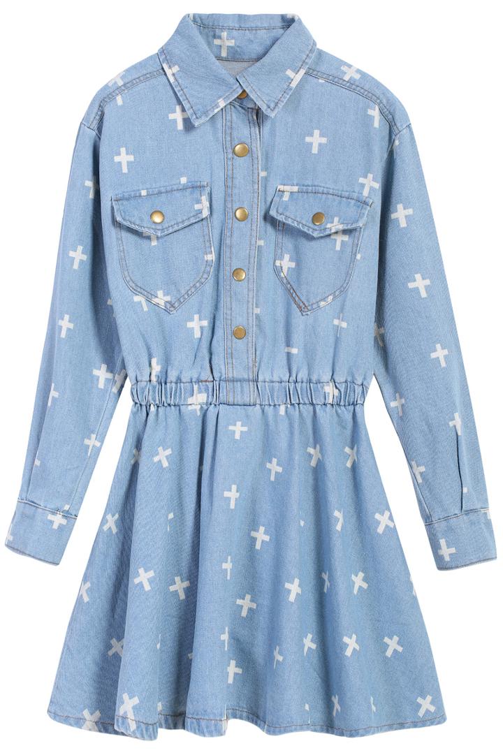 Romwe Cross Print Pockets Pleated Denim Light Blue Dress