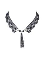 Romwe Black Wide Lace Choker Necklace With Chain Tassel