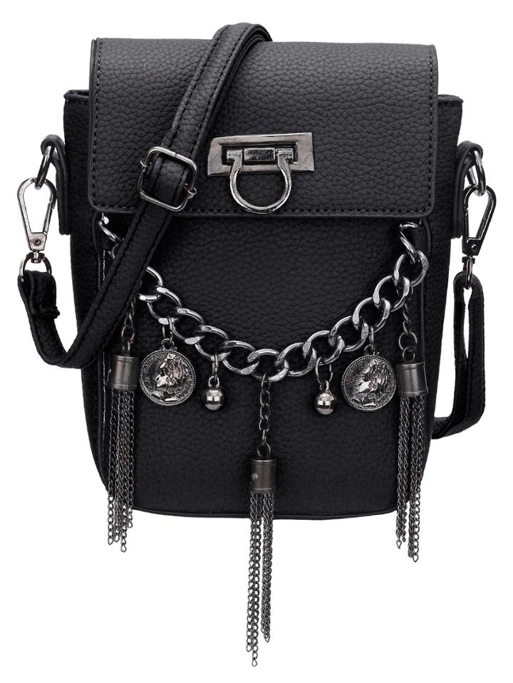 Romwe Black Fringe Chain Embellished Pu Bag