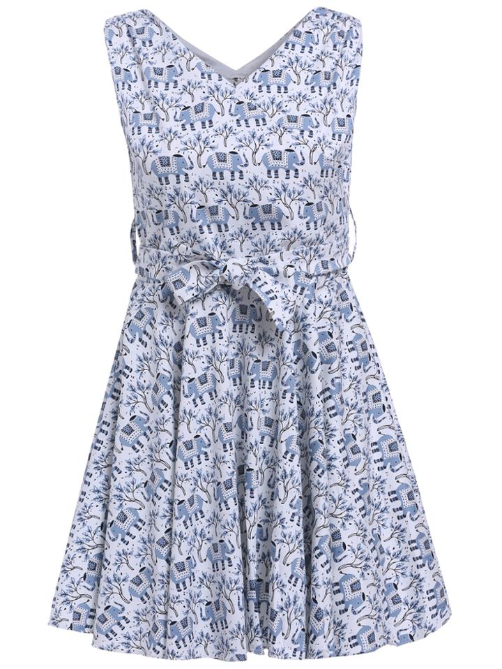 Romwe V Neck Elephant Print With Belt Dress