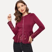 Romwe Laser Cut Zip Front Peplum Blazer