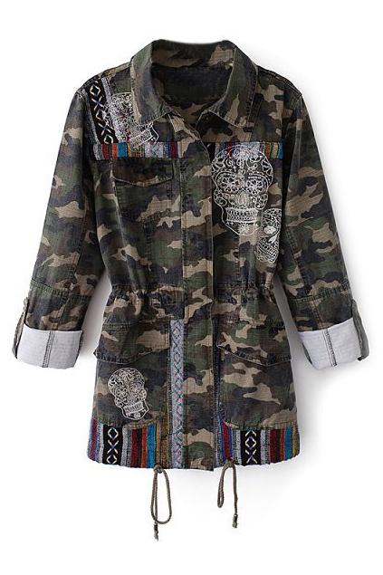 Romwe Romwe Skull & Aztec Embroidered Camouflage Print Coat