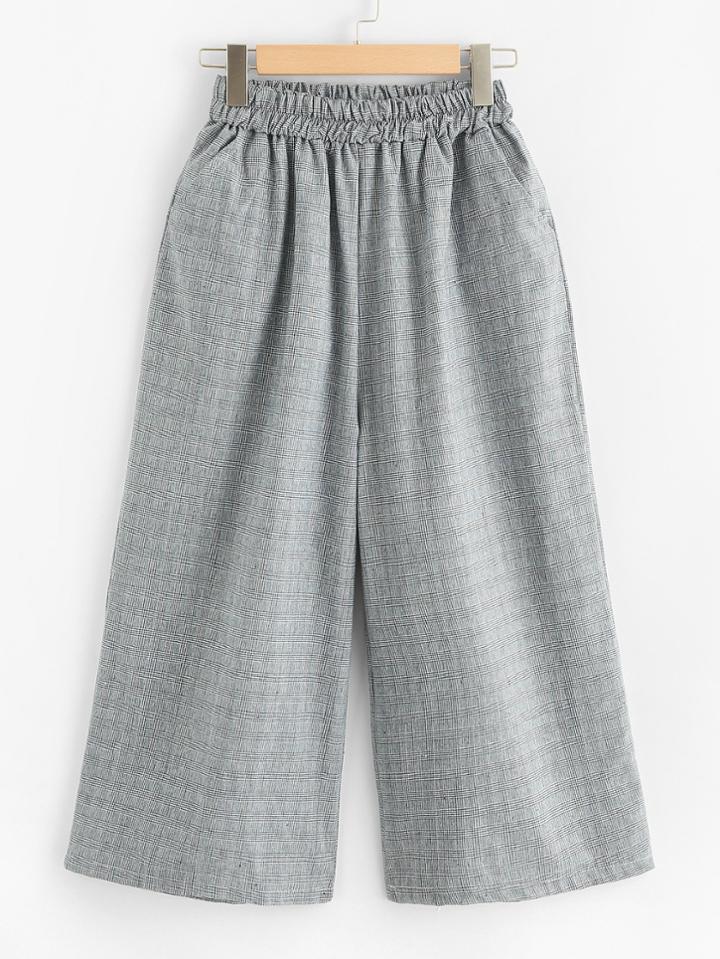 Romwe Elastic Waist Checked Wide Leg Pants