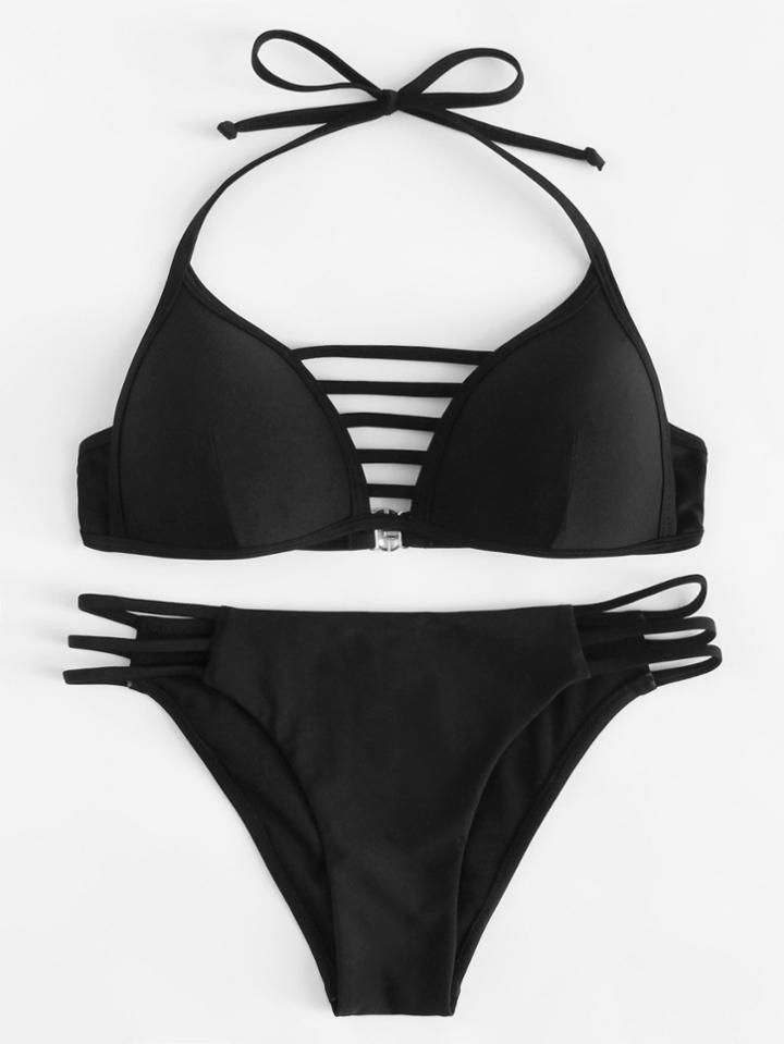 Romwe Halter Neck Strappy Bikini Set