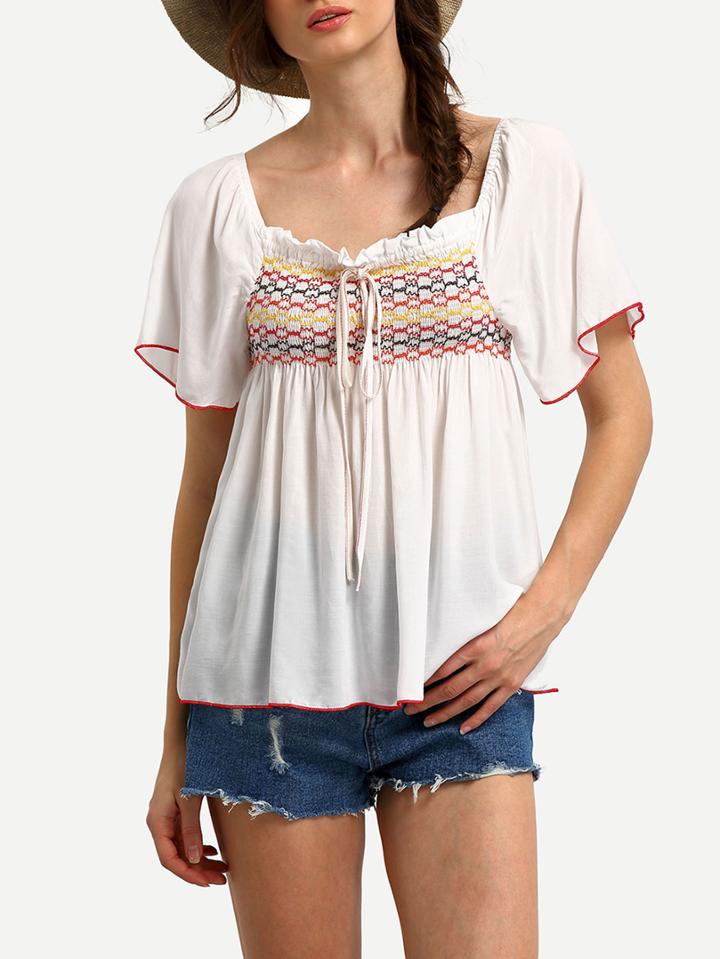 Romwe White Tie Neck Short Sleeve Embroidery Pleated Blouse