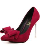 Romwe Wine Red Point Toe With Bow High Heeled Pumps
