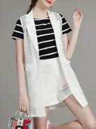 Romwe White Black Striped Waistcoat Three-piece Top With Mesh Shorts