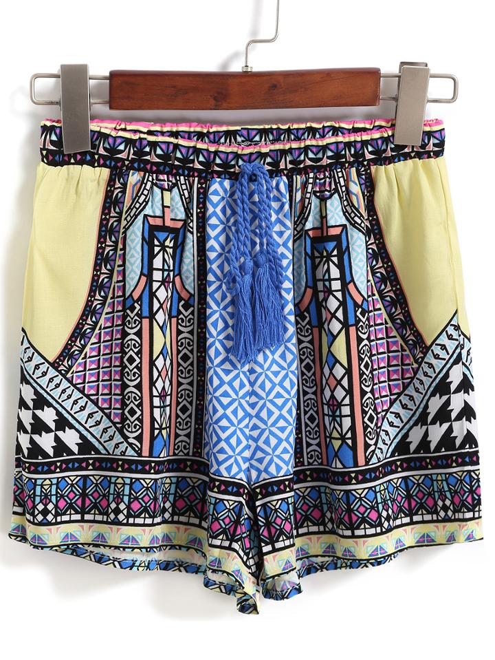 Romwe Drawstring Tribal Print Yellow Shorts