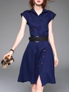 Romwe Blue V Neck Belted A-line Dress