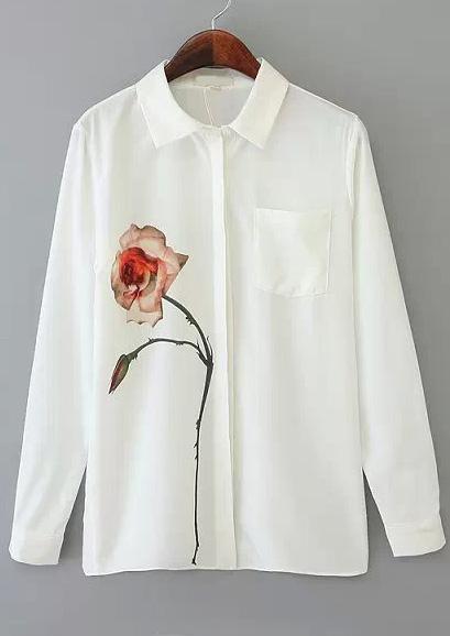 Romwe Rose Print Pockets White Blouse