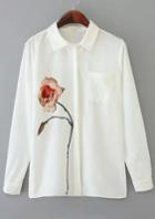 Romwe Rose Print Pockets White Blouse