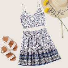 Romwe Crop Shirred Back Paisley Cami Top & Skirt Set