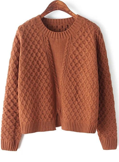 Romwe Plaid Hem Split Khaki Knit Sweater