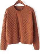 Romwe Plaid Hem Split Khaki Knit Sweater