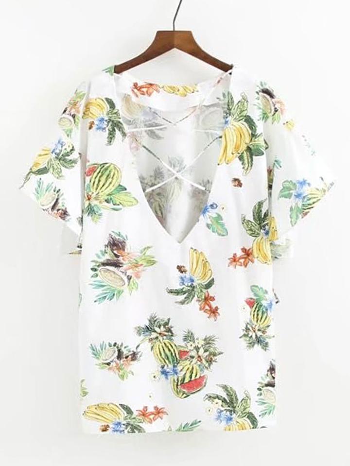 Romwe Criss Cross Plunging V-neckline Top