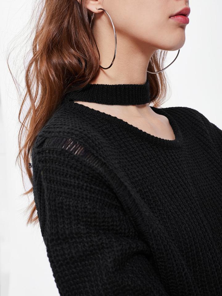 Romwe Choker Neck Ripped Jumper