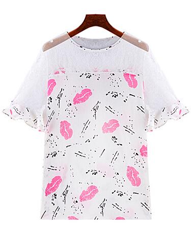 Romwe Lace Insert Lips Print Chiffon Rose Red Top