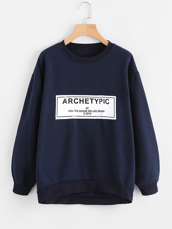 Romwe Slogan Print Dip Hem Sweatshirt