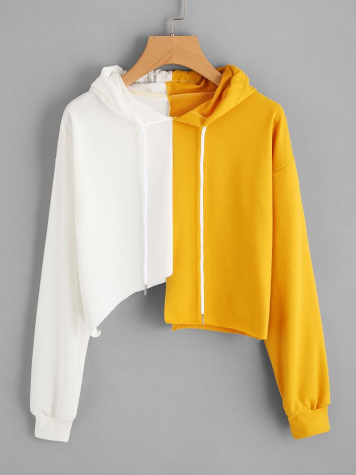 Romwe Two Tone Asymmetric Raw Hem Crop Hoodie