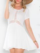 Romwe White Short Sleeve Lace Insert Dress