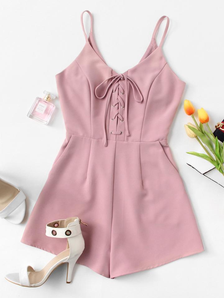 Romwe Lace Up Zip Back Romper
