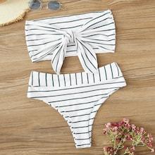 Romwe Striped Tie Front Bandeau With High Waist Bikini Set