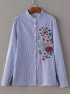 Romwe Blue Vertical Striped Embroidery Blouse With Buttons