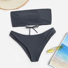 Romwe Lace-up Bandeau Top With Low Rise Bikini Set
