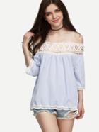 Romwe Blue Vertical Striped Lace Trimmed Off The Shoulder Top
