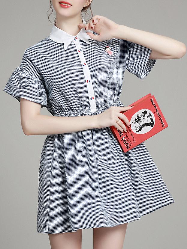 Romwe Blue Lapel Gingham A-line Dress