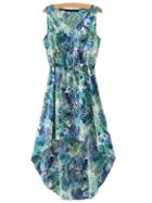 Romwe Multicolor Print Elastic Waist High Low Dress