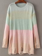 Romwe Ombre Round Neck Ripped Sweater