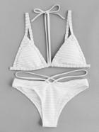 Romwe Textured Stripe Halter Strap Bikini Set