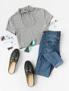Romwe Keyhole Lace Up High Neck Crop Tee