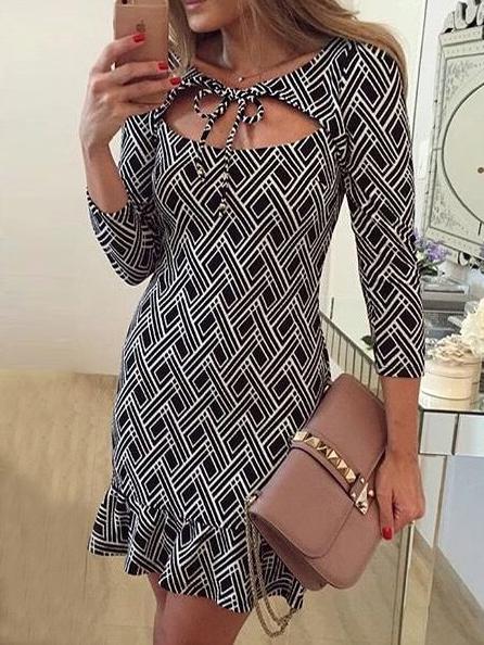Romwe Geo Print Cutout Neck Ruffle Hem Sheath Dress