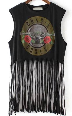 Romwe With Tassel Flower Print Black Tank Top