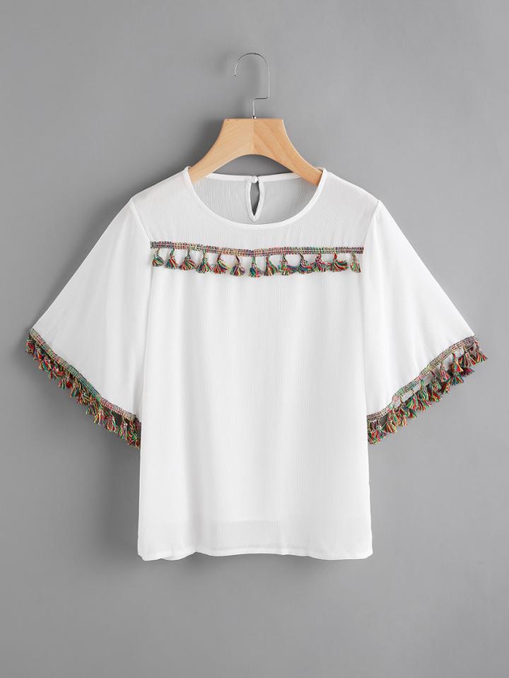 Romwe Tassel Trim Keyhole Back Blouse