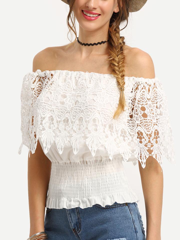 Romwe Lace Trim Off-the-shoulder Shirred Hem Blouse