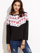 Romwe Black Contrast Tribal Print Ribbed Sweatshirt