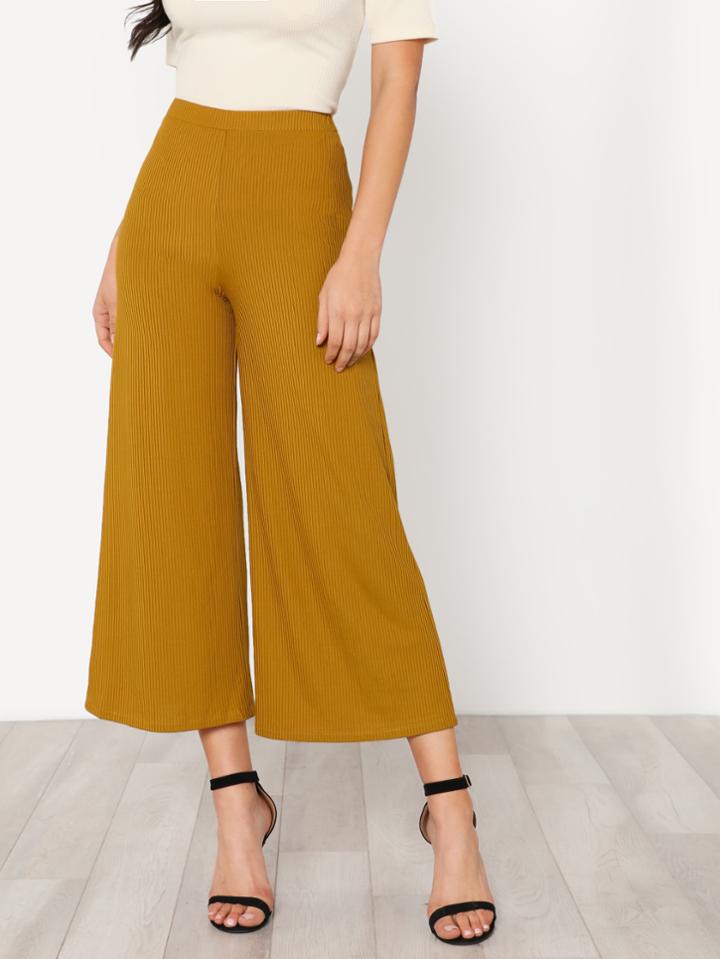 Romwe Elastic Waist Solid Culotte Pants