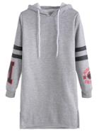 Romwe Grey Printed Varsity Striped Drawstring Hooded Sweatshirt Dress