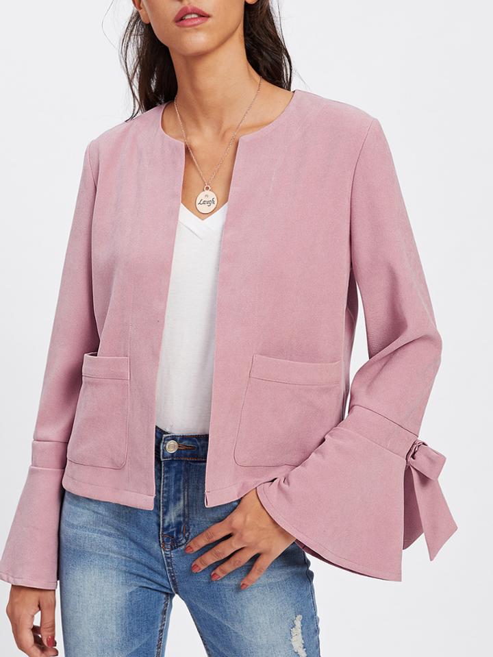 Romwe Bow Embellished Bell Cuff Open Front Blazer
