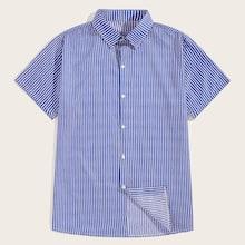 Romwe Guys Vertical Stripe Print Curved Hem Shirt
