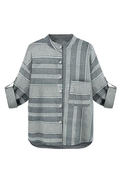 Romwe Striped Rolled-up Grey Shirt