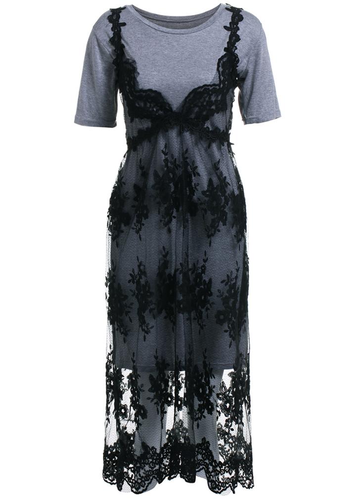 Romwe Short Sleeve Contrast Lace Dress