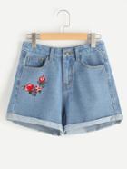 Romwe Floral Embroidered Cuffed Denim Shorts