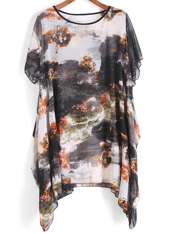 Romwe Ink Print Asymmetrical Chiffon Top